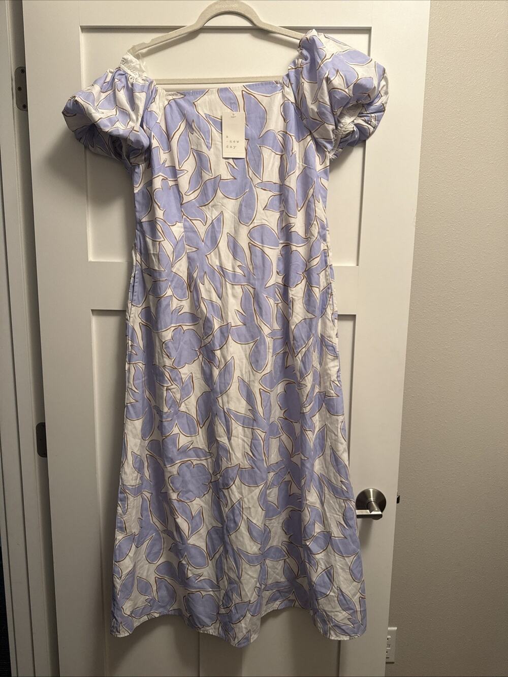 A New Day Floral Smocked Maxi Dress Large Puff Sleeve Square Neck White Lavender